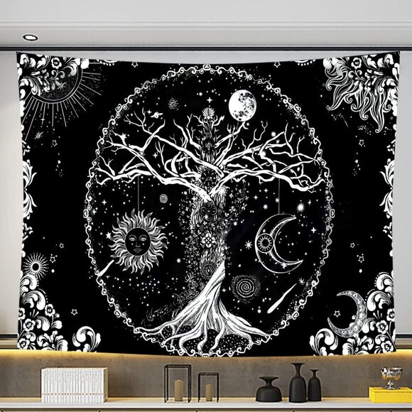 Tree of Life Tapestry, Sun, Moon, Galaxy Space Black & White Tapestry - 70"x90" - Picture 6 of 9